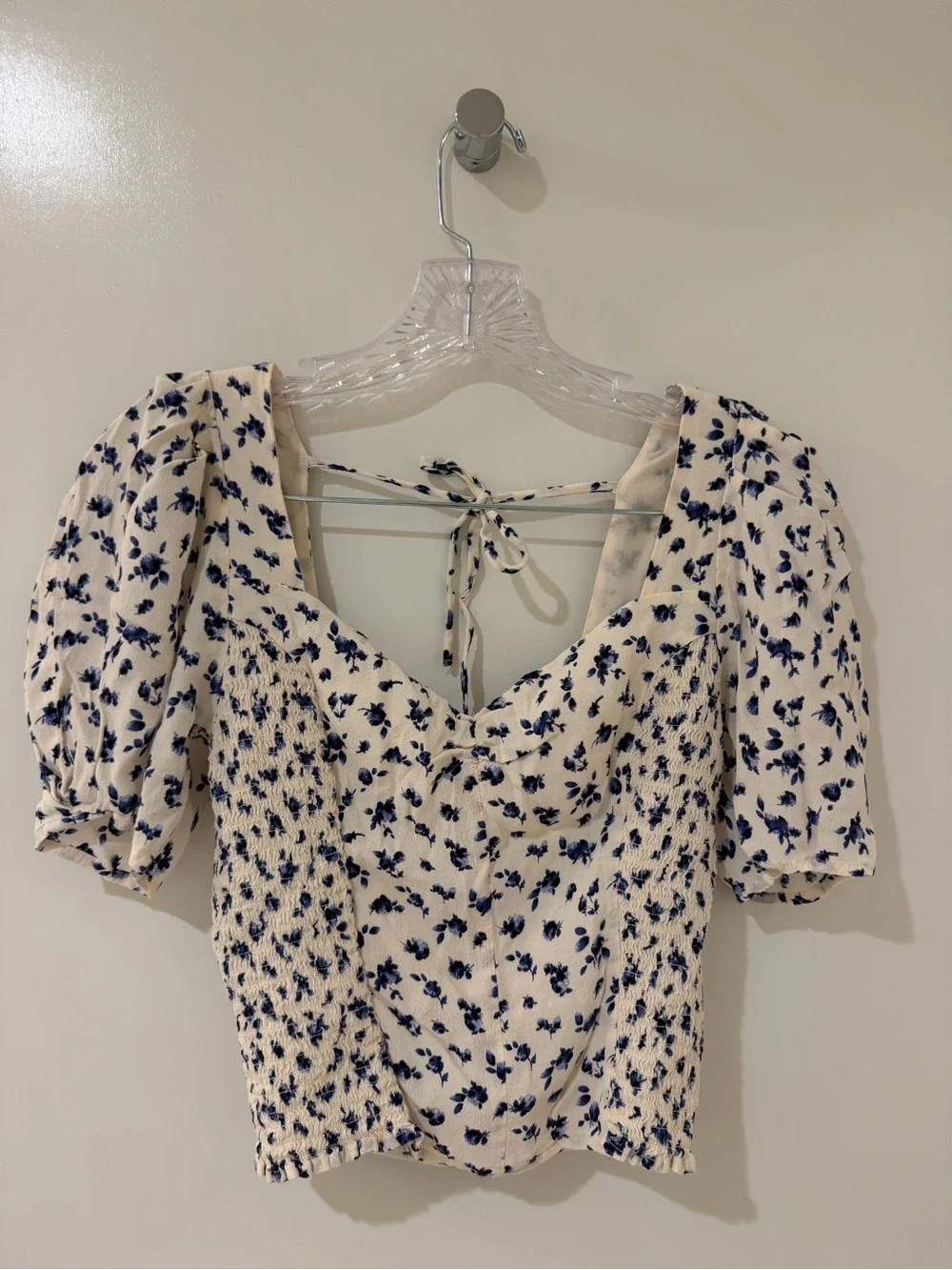 Astr Cream Floral Sweetheart Puff Sleeve Top in Blue